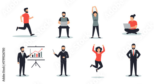 flat design characters illustration showing diverse people icons engaged in business fitness and casual activities for ux and web design projects.