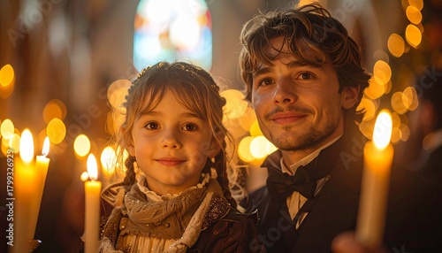 Catholic Christmas Mass: Father and Daughter Holding Candles in Church, Festive Holiday Portrait, Faith and Family Bonds.