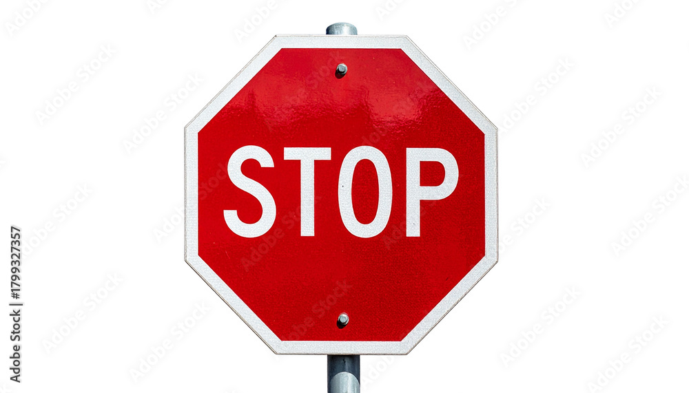 Obraz premium A classic red stop sign isolated on a white background, ideal for traffic, safety, and warning design projects.