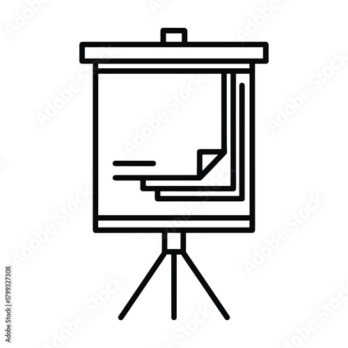 Simple line art icon of a flip chart or whiteboard on a tripod stand with paper sheets for presentation or meeting