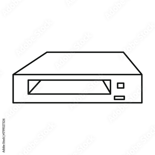 Simple line drawing of a vintage vcr player with a slot for tapes and buttons on a white background