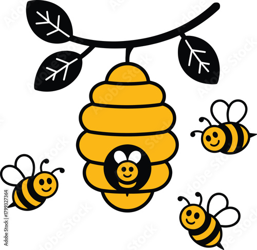 Cartoon beehive hanging from a branch with happy flying bees