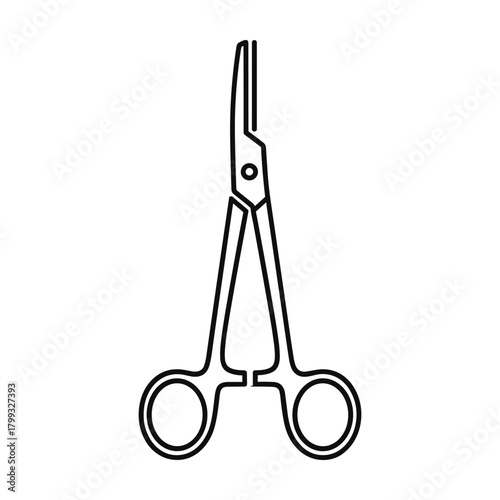 Close up black and white line drawing of a surgical hemostat clamp tool isolated on a white background