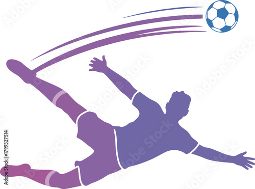 Soccer player silhouette mid-air kicking ball, dynamic action