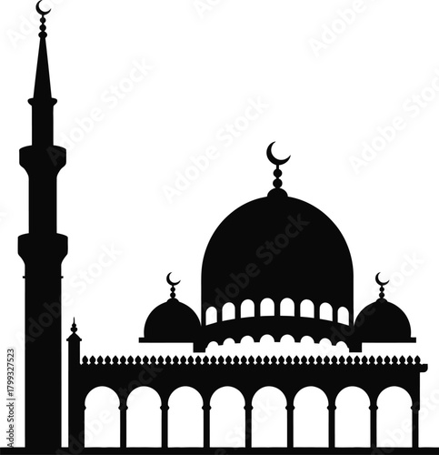 Mosque silhouette with minaret, domes, and arch details design