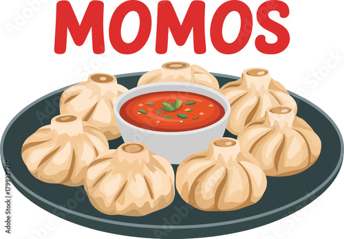 Traditional momos dumplings with spicy red dipping sauce served on a plate