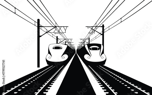 High speed trains vector graphic black and white illustration