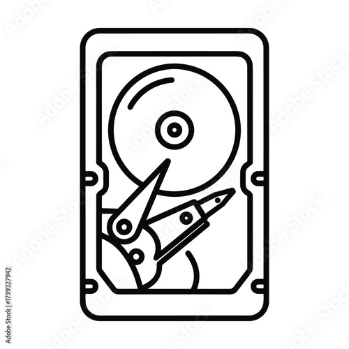 Stylized outline illustration of an open computer hard disk drive showing internal components like platters and read write head