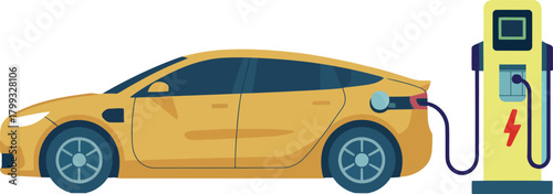Electric car charging at a station, sustainable future vector