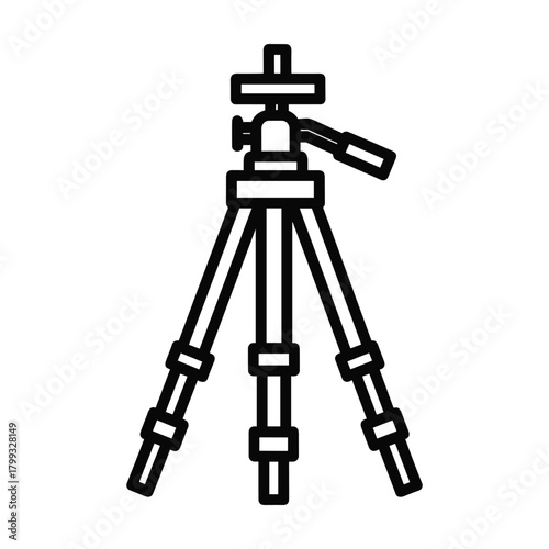 Simple outline drawing of a camera tripod with three legs and a head for mounting equipment on a white background