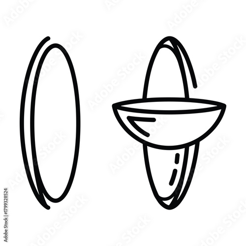 Two abstract hand drawn line art illustrations depicting a vertical oval shape and a three dimensional spinning top object