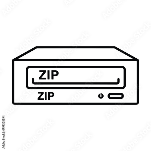 Simple line art illustration of a vintage zip disk drive with the word zip displayed on its front panel