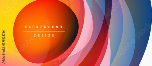 Abstract colorful layers create dynamic visual effect. Bright gradients blend, forming circular pattern. Modern design element.