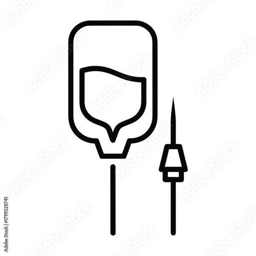 Simple line art icon of an intravenous iv drip bag and tubing with a needle for medical and healthcare concepts