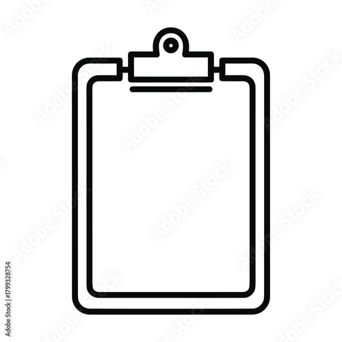 Simple outline icon of a clipboard with a clip at the top for holding papers and documents