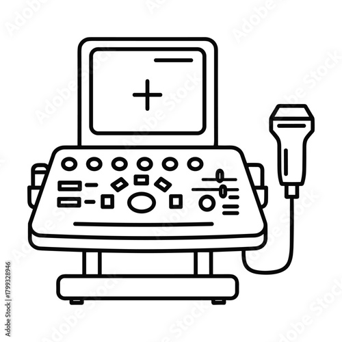 Medical ultrasound machine with transducer and screen displaying a crosshair symbol for diagnostic imaging