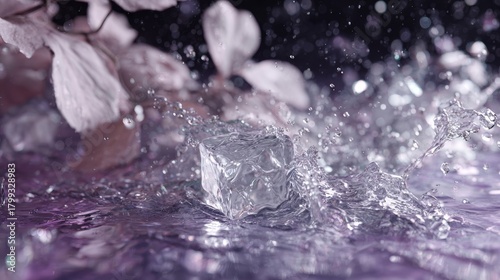 Wallpaper Mural Ice cube dropped in water creating splash among lilac petals in high speed photography style Torontodigital.ca