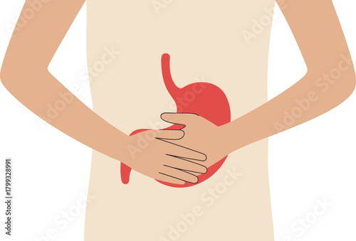 Abdominal pain illustration with hands on stomach discomfort.