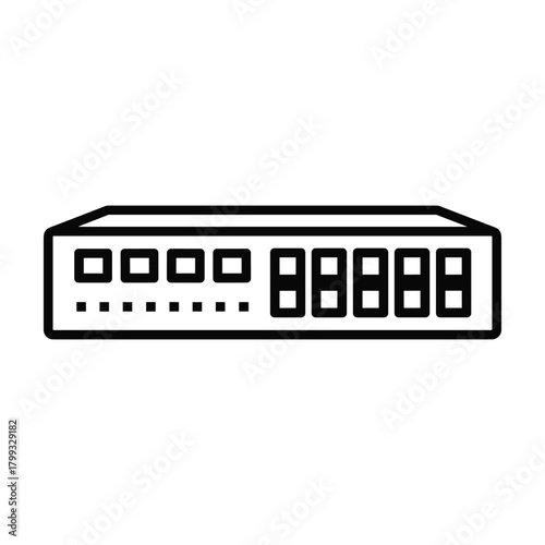 Simple line art icon of a network switch device with multiple indicator lights and ports for data connectivity