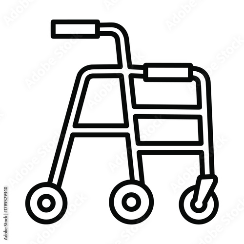 Simple line art icon of a four wheeled walker for mobility assistance and support for elderly or disabled individuals