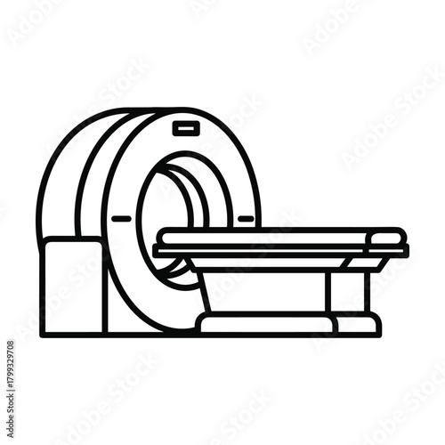Simple outline illustration of a modern medical mri scanner machine with patient examination table in a clean white background
