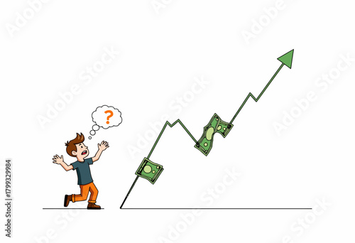 Cartoon Character Shocked by Steep Increase in Money and Graph Line with Upward Pointing Arrow Indicating Economic Growth and Financial Uncertainty