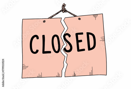 Illustration of a Wooden Closed Sign Split into Two Pieces Hanging on a Twisted Rope Symbolizing Closure or Discontinuation in a Quirky Artistic Style