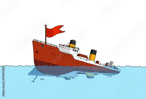 Red and White Vintage Ocean Liner with a Red Flag Floating on Calm Blue Water with a Clear Sky Background