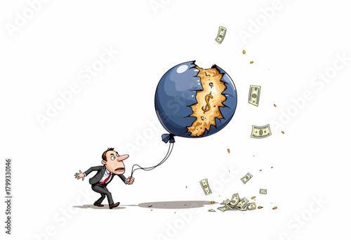 Cartoon Figure Pulling a String Attached to a Popping Balloon Filled with Money, Depicting Sudden Financial Loss or Economic Collapse