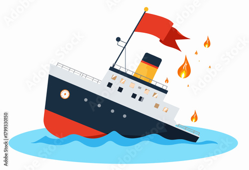 Illustration of a Sinking Ship with Flames and Smoke, Capturing a Dramatic Maritime Scene in a Minimalist Style with Vibrant Colors and Dynamic Imagery