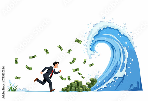 Businessman Pursues Fortune as Cash Flows Freely Towards Towering Ocean Wave Representing Financial Opportunities