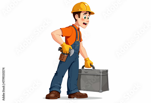 Animated Construction Worker Carrying Toolbox and Trowel Wearing Protective Gear Including Helmet, Gloves, and Overalls on a White Background