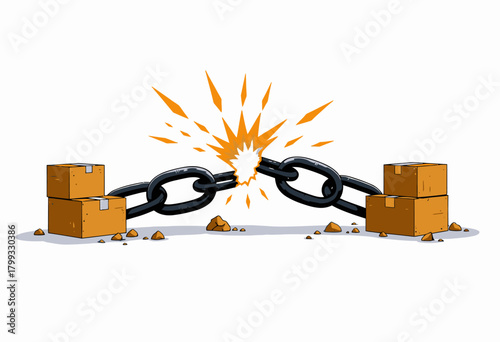Illustration of a large black chain breaking between scattered cardboard boxes, symbolizing disruption in supply chains or logistics challenges