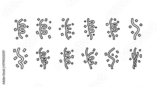 Collection of festive confetti and streamer elements in a simple black silhouette style