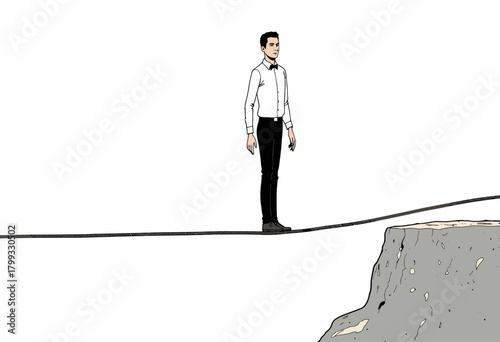 Illustration of a Man in Business Attire Balancing at the Edge of a Cliff on a Tightrope Against a Minimalist Background