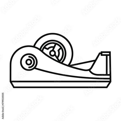 Simple line art illustration of a desk tape dispenser with a roll of clear adhesive tape on a white background