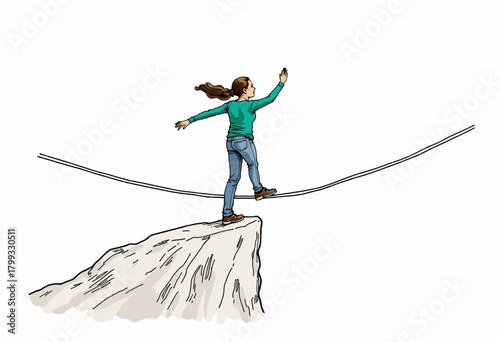 Woman Balancing Confidently on Tightrope Above a Mountainous Rock While Capturing a Memorable Moment with Her Smartphone