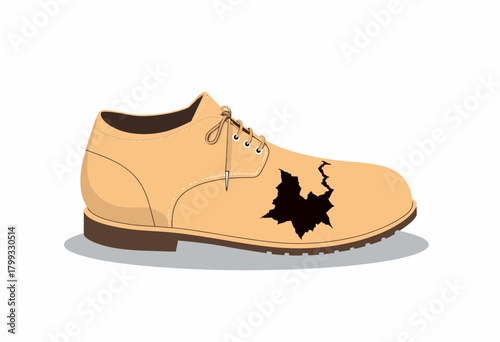 Illustration of a Single Brown Leather Shoe with Noticeable Large Tear on the Side and White Background for Design and Repair Concepts
