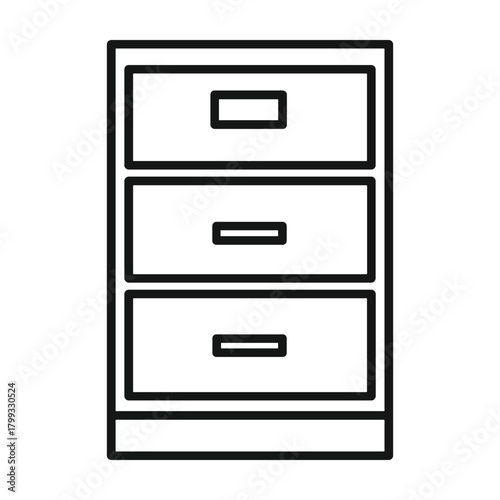 Simple outline drawing of a three drawer filing cabinet with handles on a white background