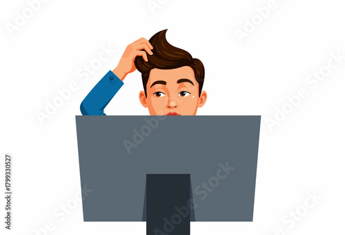 Young man with puzzled expression standing behind podium, scratching head, appearing thoughtful and contemplative, dressed in casual attire against white background.