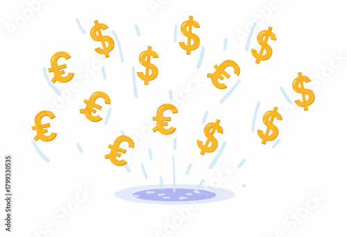 Illustration of Currency Symbols Falling into a Pool, Depicting Financial Market Volatility and Economic Impact with Dollar and Euro Signs Dropping