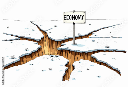 Cartoon Illustration Depicting the Fragile State of the Economy as a Cracked Ground with a Sign Symbolizing Economic Instability