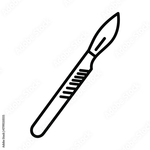 Simple hand drawn outline illustration of a surgical scalpel with a sharp pointed blade and textured handle on a white background