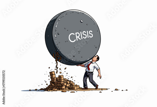 Illustration of a Man in Business Attire Struggling to Support a Huge Sphere Labeled 'Crisis' Amidst Collapsing Bricks Depicting Overwhelming Challenges