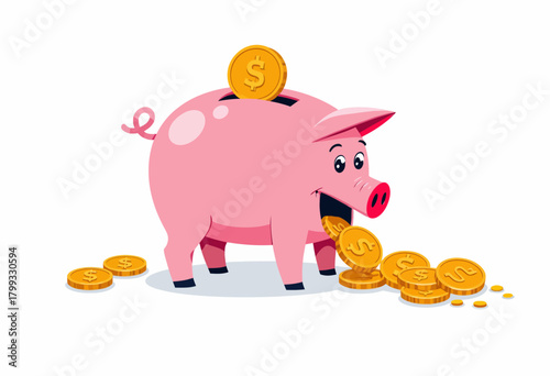 Cartoon piggy bank with a happy expression surrounded by scattered coins symbolizing savings growth and financial security