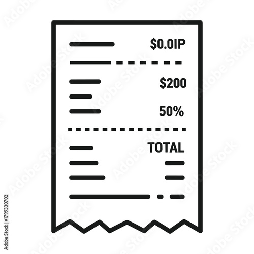 Stylized line art icon of a receipt showing a total amount and percentage symbol representing financial transactions