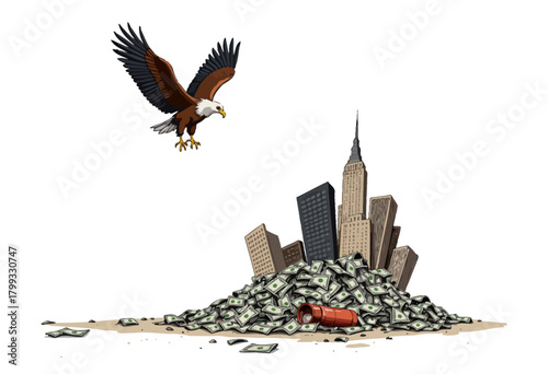 Eagle Soaring Above a Pile of Dollar Bills with City Skyline and Dynamite Symbolizing Economic Power and Potential Financial Explosions in Urban Environments