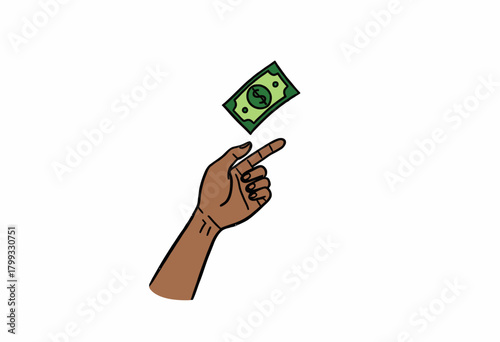 Hand Gesturing with Flicking Motion Releasing a Dollar Bill Mid-Air Against a Minimalist White Background Symbolizing Financial Decisions and Transactions