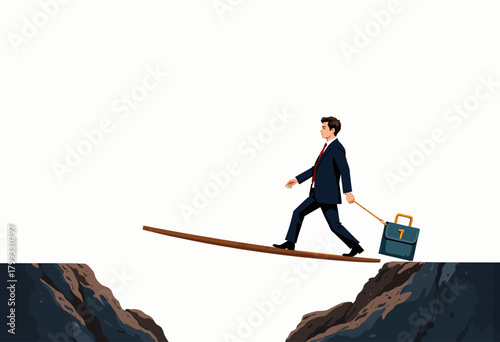 Illustration of a Business Person Balancing on a Wooden Plank Over a Large Gap, Symbolizing Risk and Challenge in Professional Life