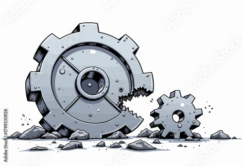 Illustration of Two Mechanical Gears with Damage and Debris on the Ground Depicting Industrial Breakdown and Machinery Malfunction